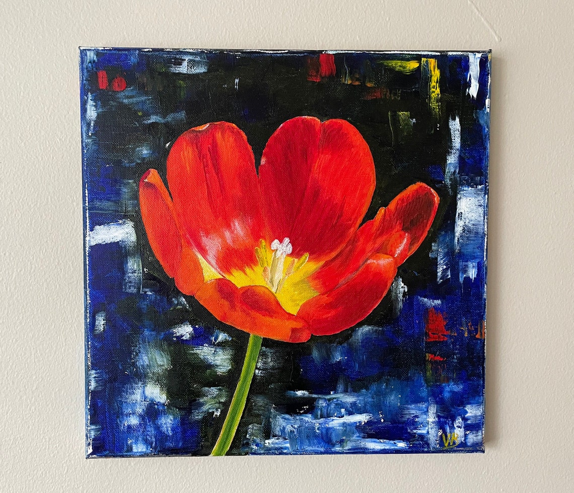 Red Tulip Bloom Dark Blue Abstract Background Dramatic Floral Oil Art