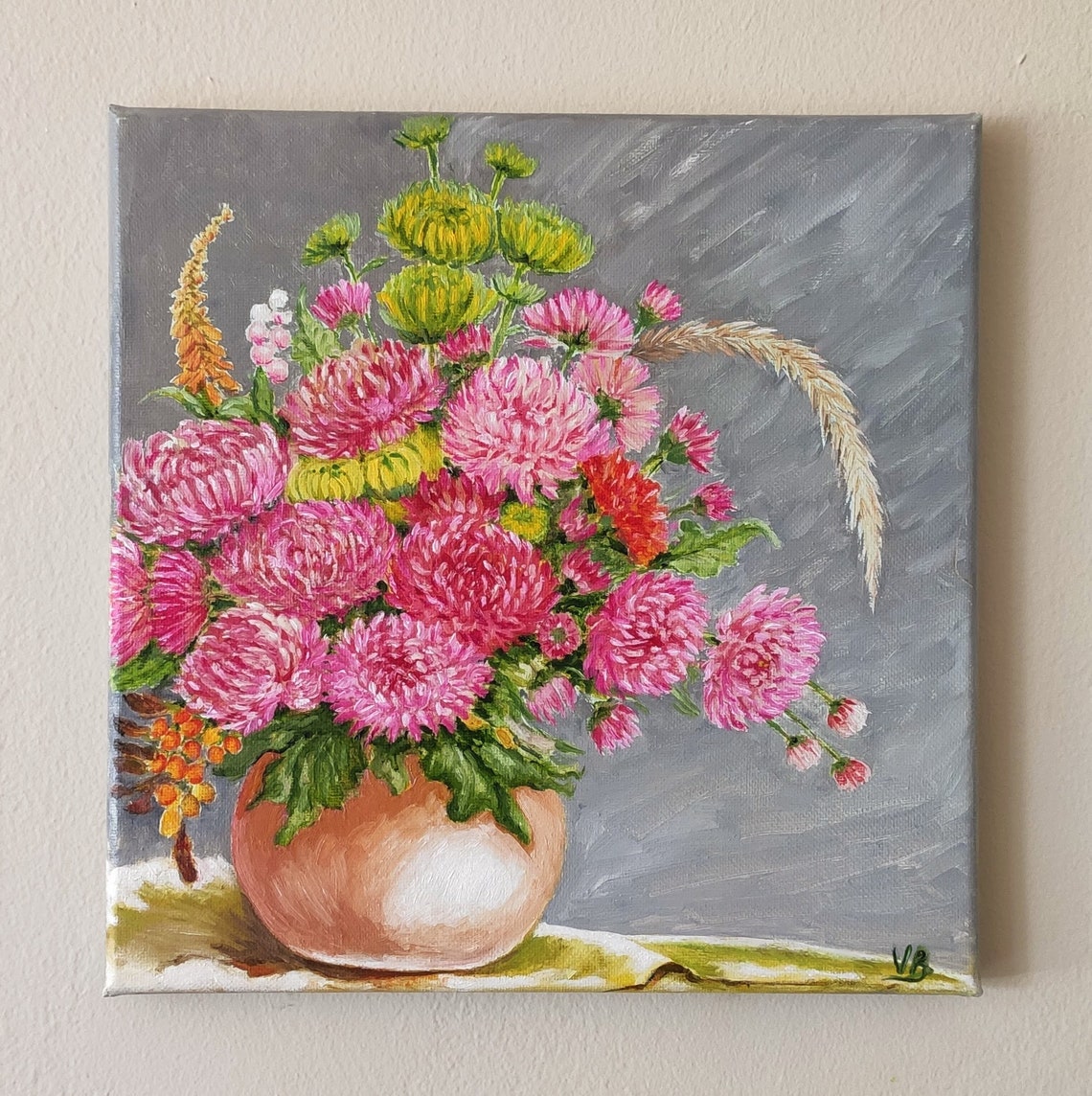 Pink Chrysanthemums Bouquet Vase Fall Floral Oil Painting Wall Art