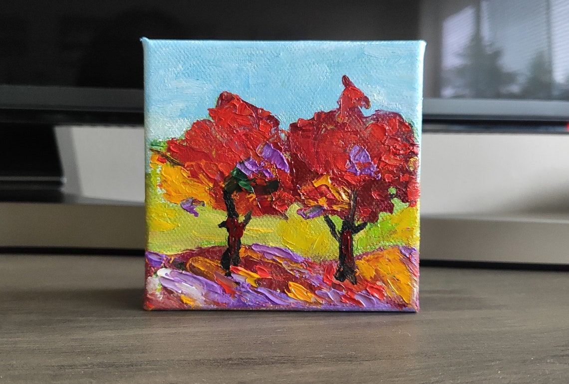 Red Autumn Trees Impasto Abstract Original Oil Painting Fall Wall Art - Image 4