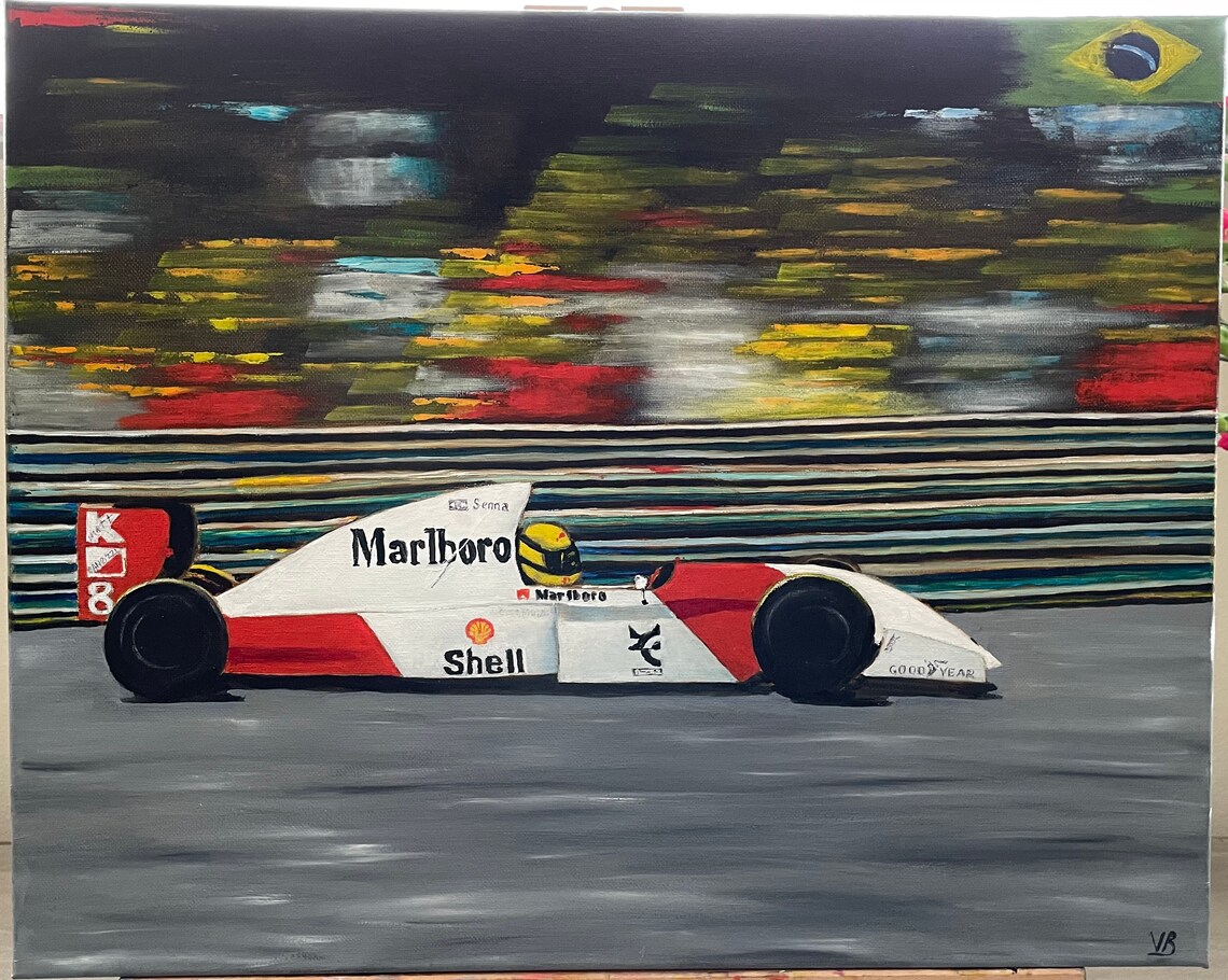 Ayrton Senna McLaren Formula 1 Race Car Speed Motion Oil Painting Art