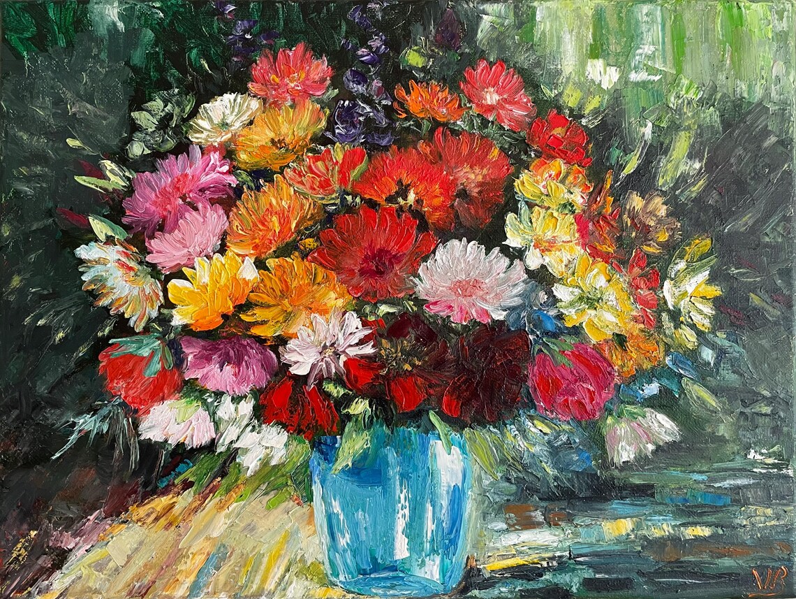 Autumn Flower Bouquet Blue Vase Colorful Impressionist Oil Wall Art - Image 4
