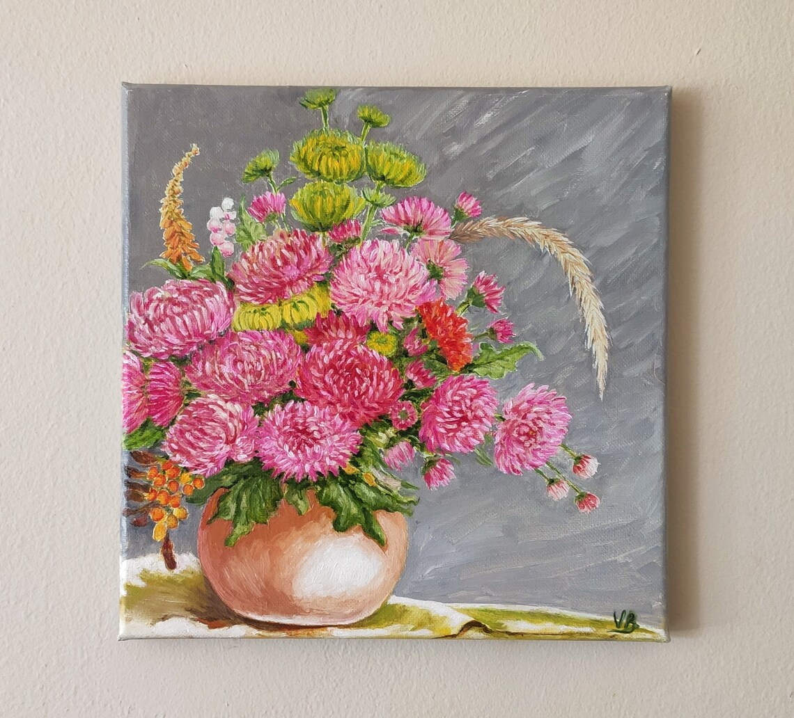 Pink Chrysanthemums Bouquet Vase Fall Floral Oil Painting Wall Art - Image 4
