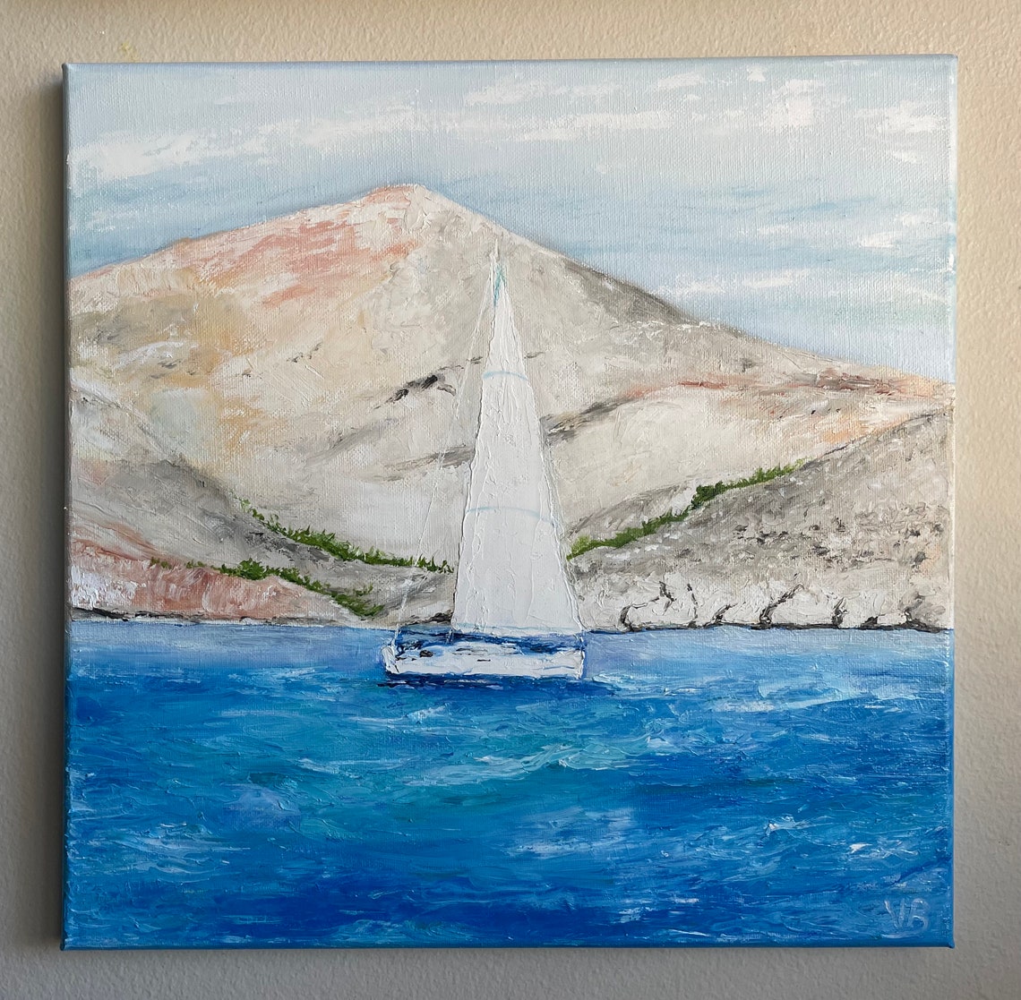 Sailboat By Rocky Coastal Mountain Cliffs On Turquoise Sea Art Poster - Image 3