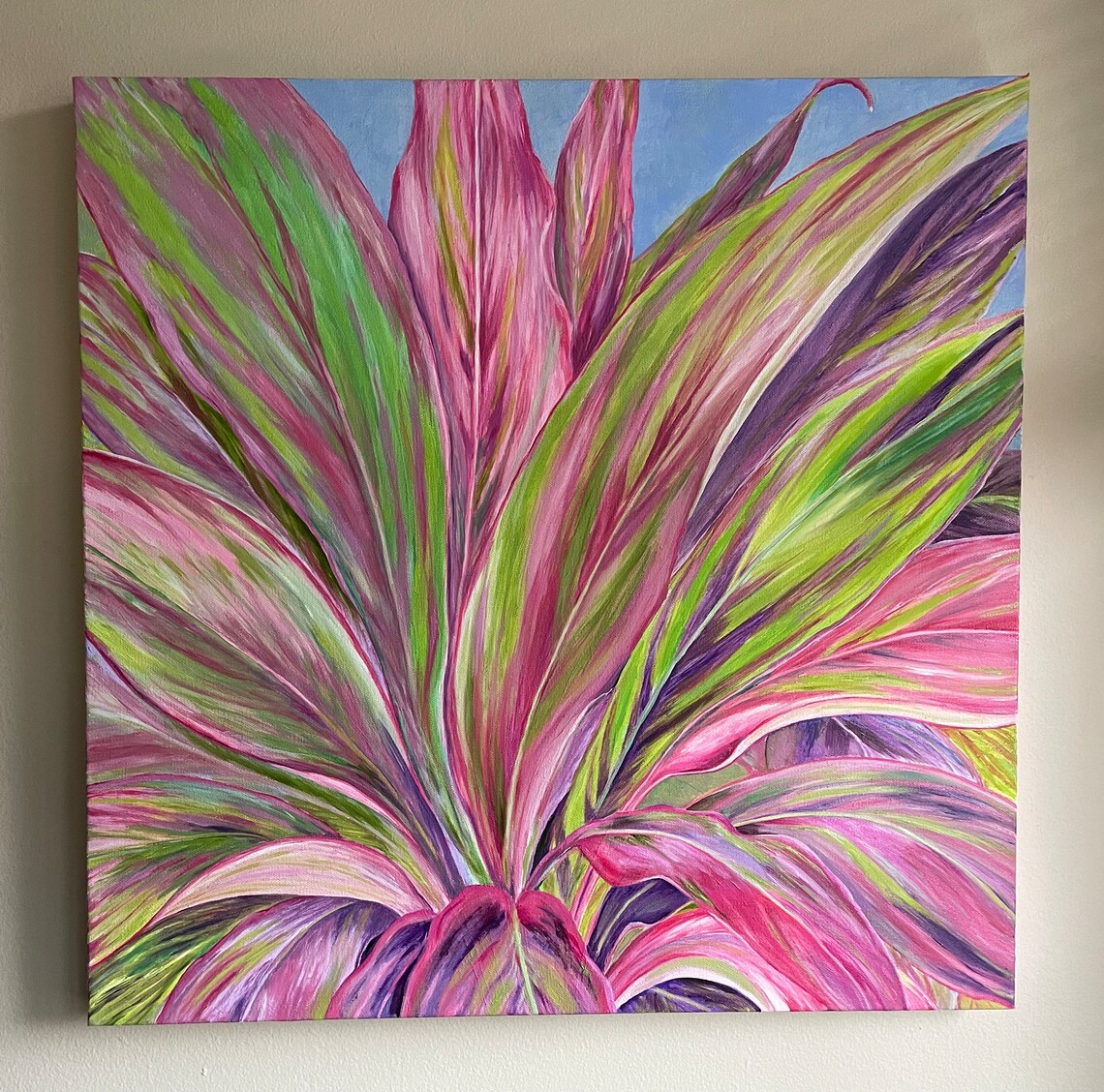 Pink Green Tropical Ti Plant Leaves Botanical Oil Painting Wall Art - Image 2