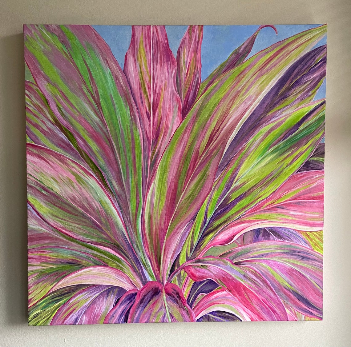 Tropical Plant Leaves Original Handmade Oil Painting On Florica Tropical Cordyline Ti Plant Hawaiian Botanical Painting One Of Kind - Image 2