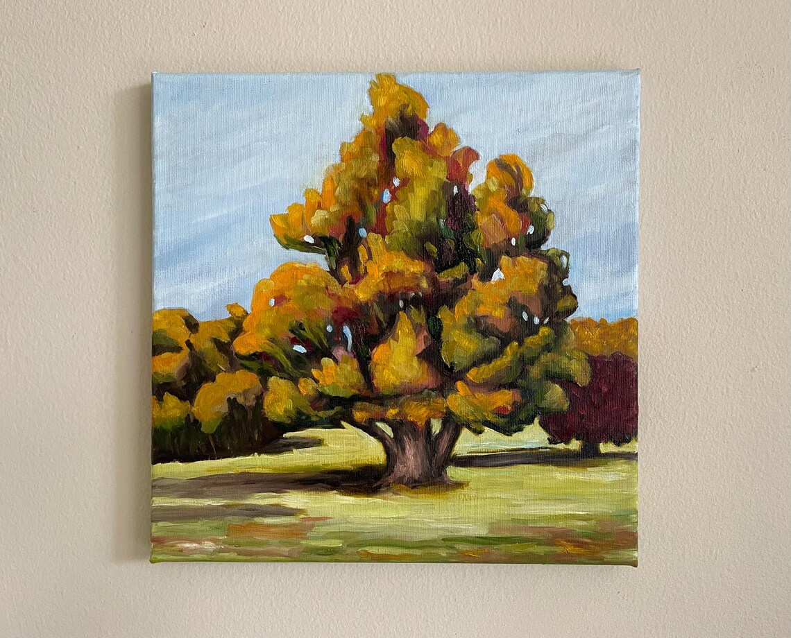 Golden Autumn Oak Tree Park Landscape Original Oil Painting Wall Art - Image 4