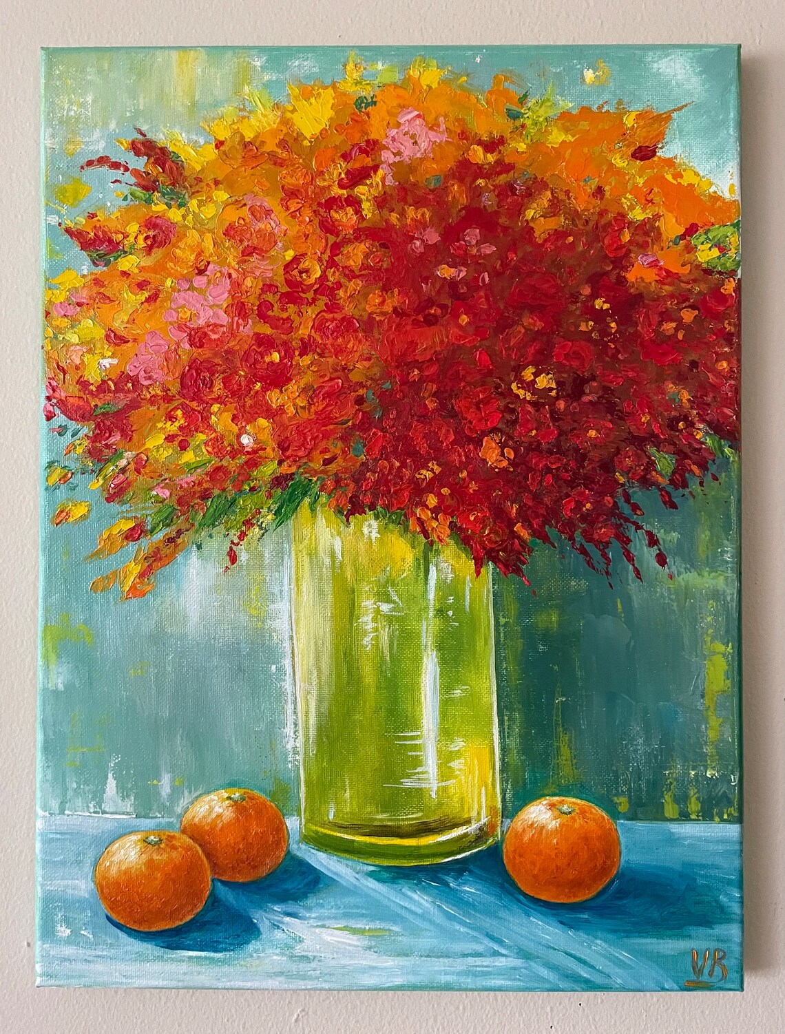 Red Orange Bold Bouquet Impasto Floral Oil Painting Kitchen Wall Art - Image 2