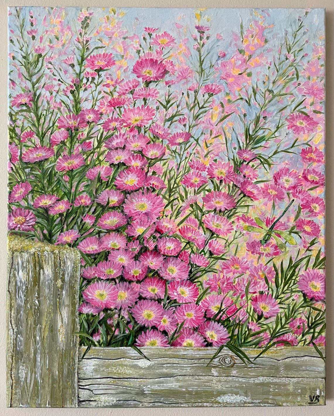 Asters Original Handmade Oil Painting On Alpine Bushy Aster Flowers By The Fence Painting Floral Wall Art One Of A Kind Gift - Image 4