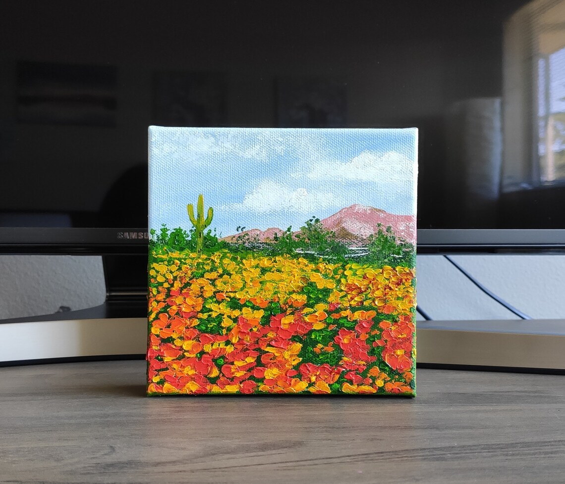 California Poppy Bloom Desert Field Cactus Mountain Oil Painting Art