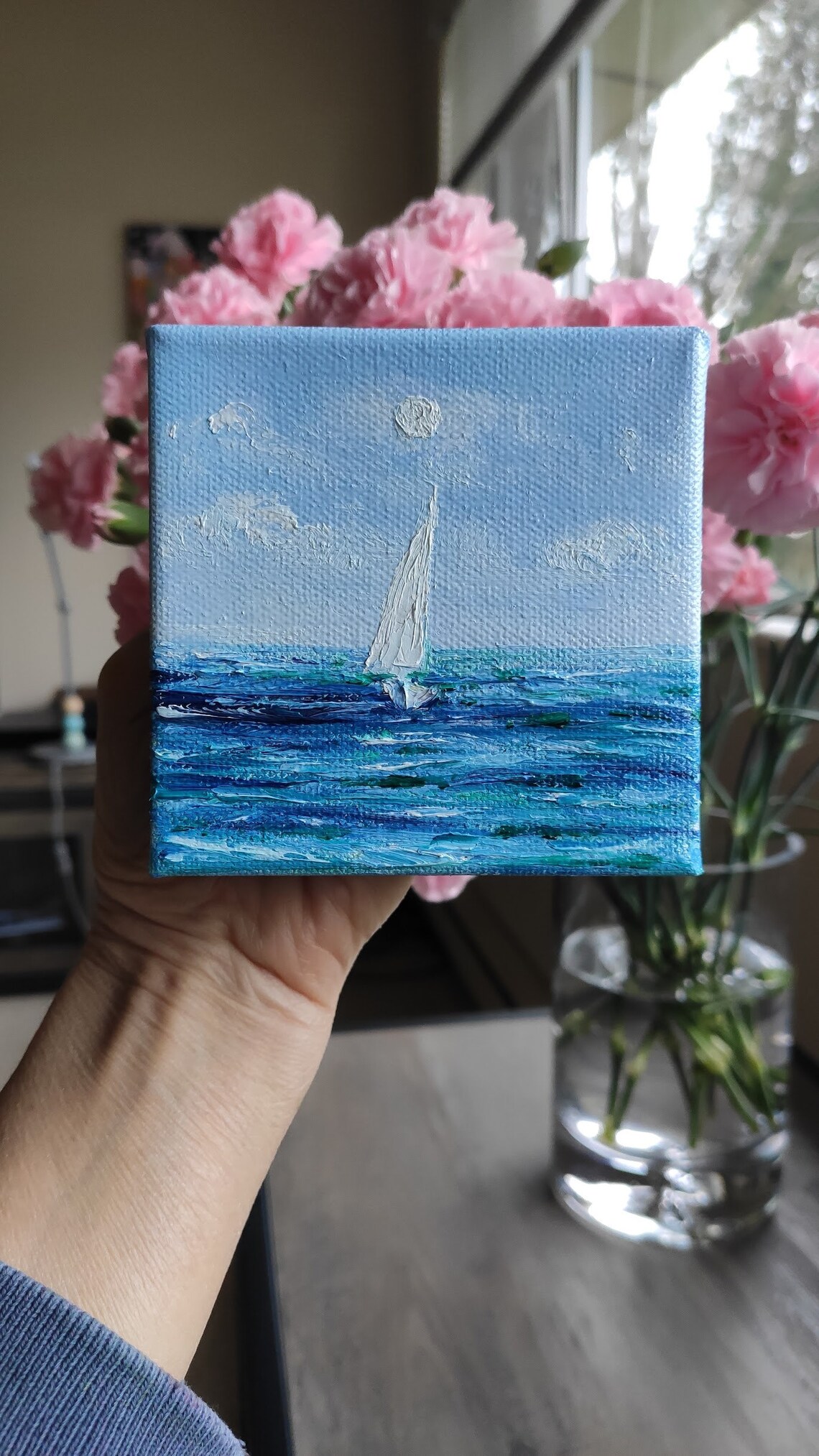 White Sailboat Sailing Under Bright Sun On Sparkling Blue Sea Art Poster - Image 2