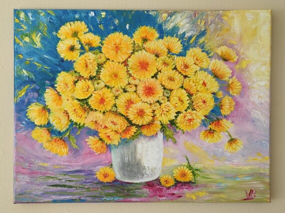 Yellow Chrysanthemums Original Handmade Oil Painting On Yellow Bright Fall Bouquet Wall Art Decor One Of A Kind Gift