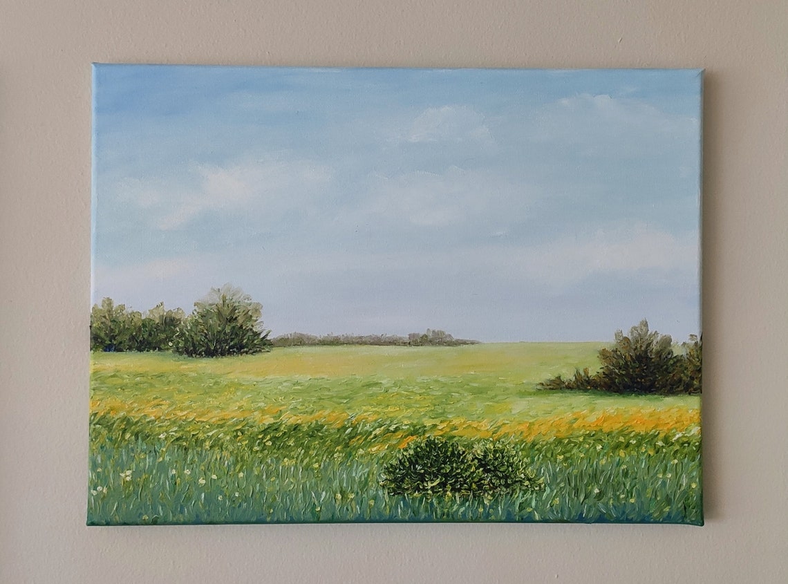 Green Summer Meadow Wheat Field Blue Sky Country Landscape Wall Art - Image 4