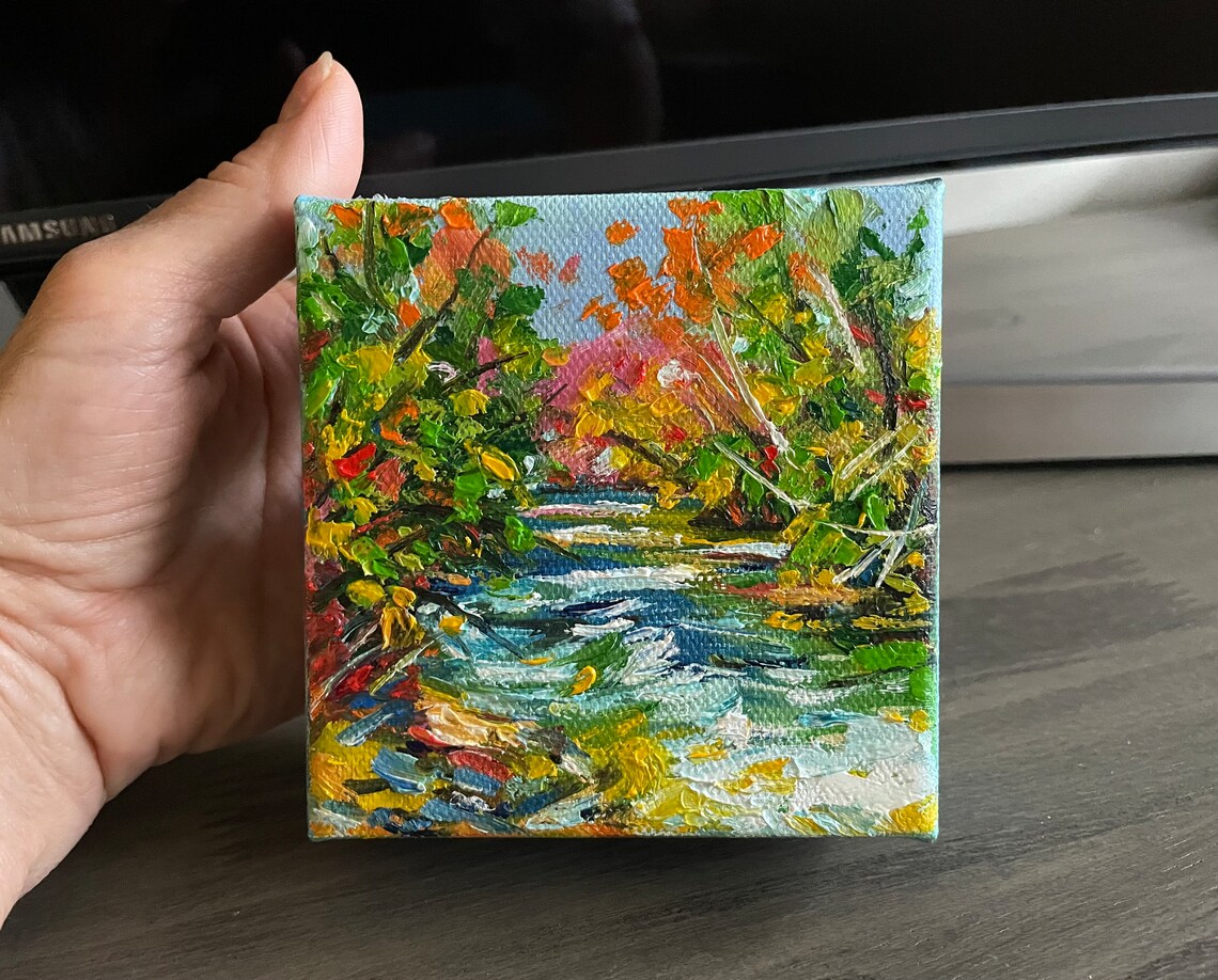 Autumn River Flowing Through Fall Foliage Original Oil Painting Wall Art - Image 3