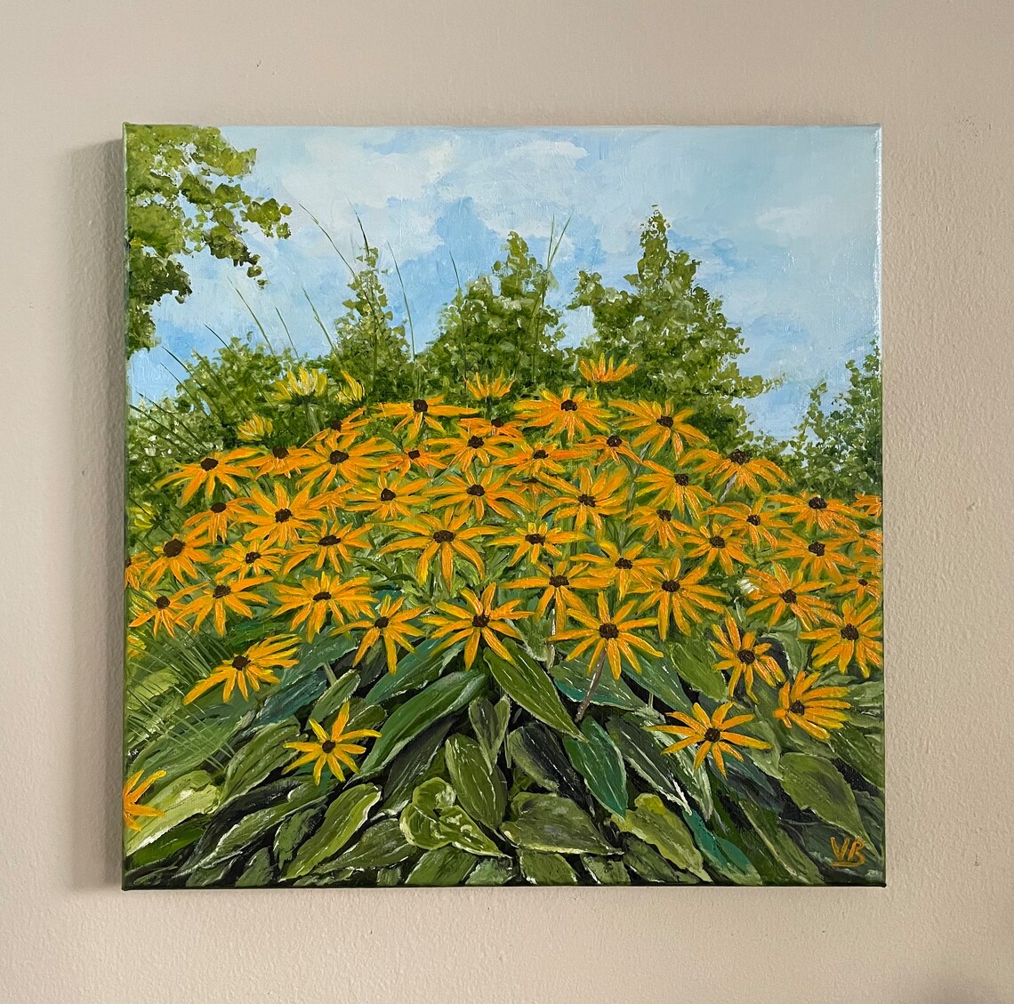 Yellow Rudbeckia Daisy Summer Blooms Blue Sky Oil Painting Wall Art - Image 4