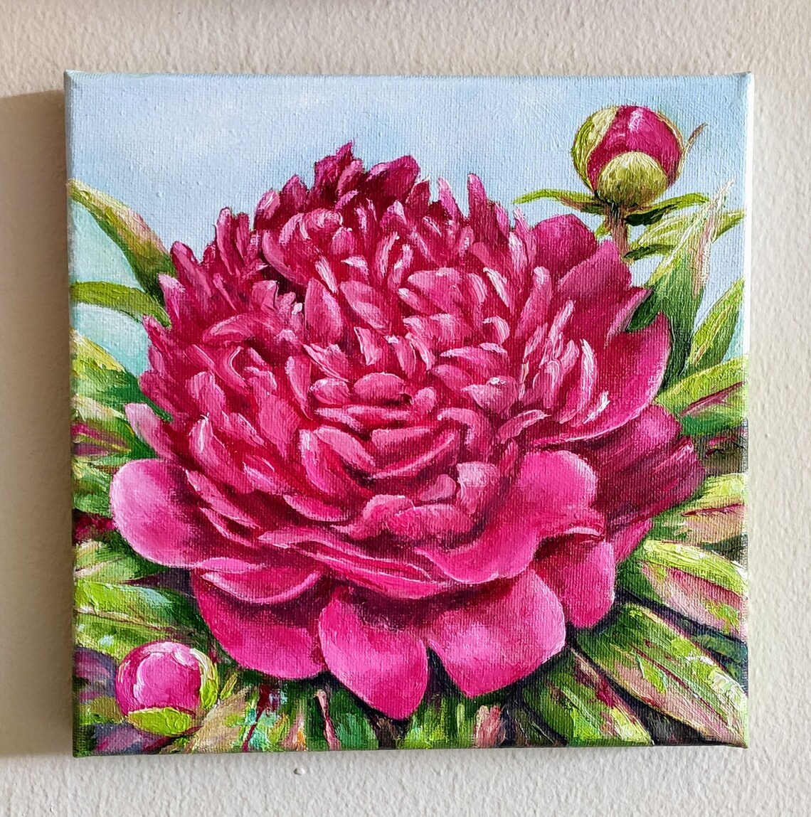 Blooming Pink Peony Buds Blue Sky Square Floral Oil Painting Poster - Image 2