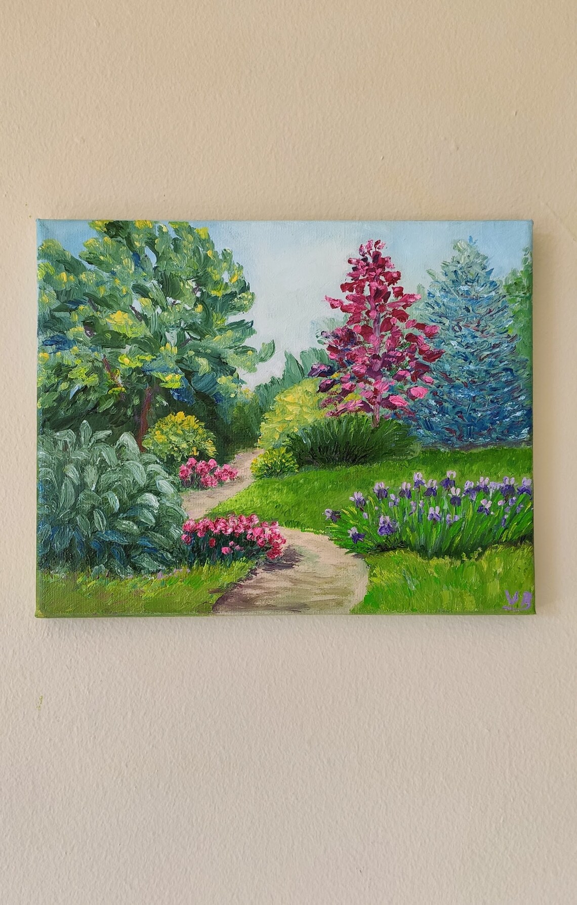 Blooming Garden Path Spring Flowers Irises Landscape Oil Painting Art - Image 4