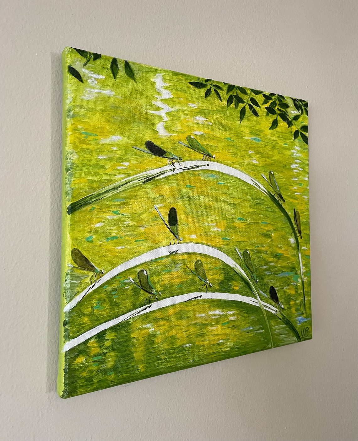 Dragonflies On Reeds Green Lake Water Original Oil Painting Nature Wall Art - Image 2