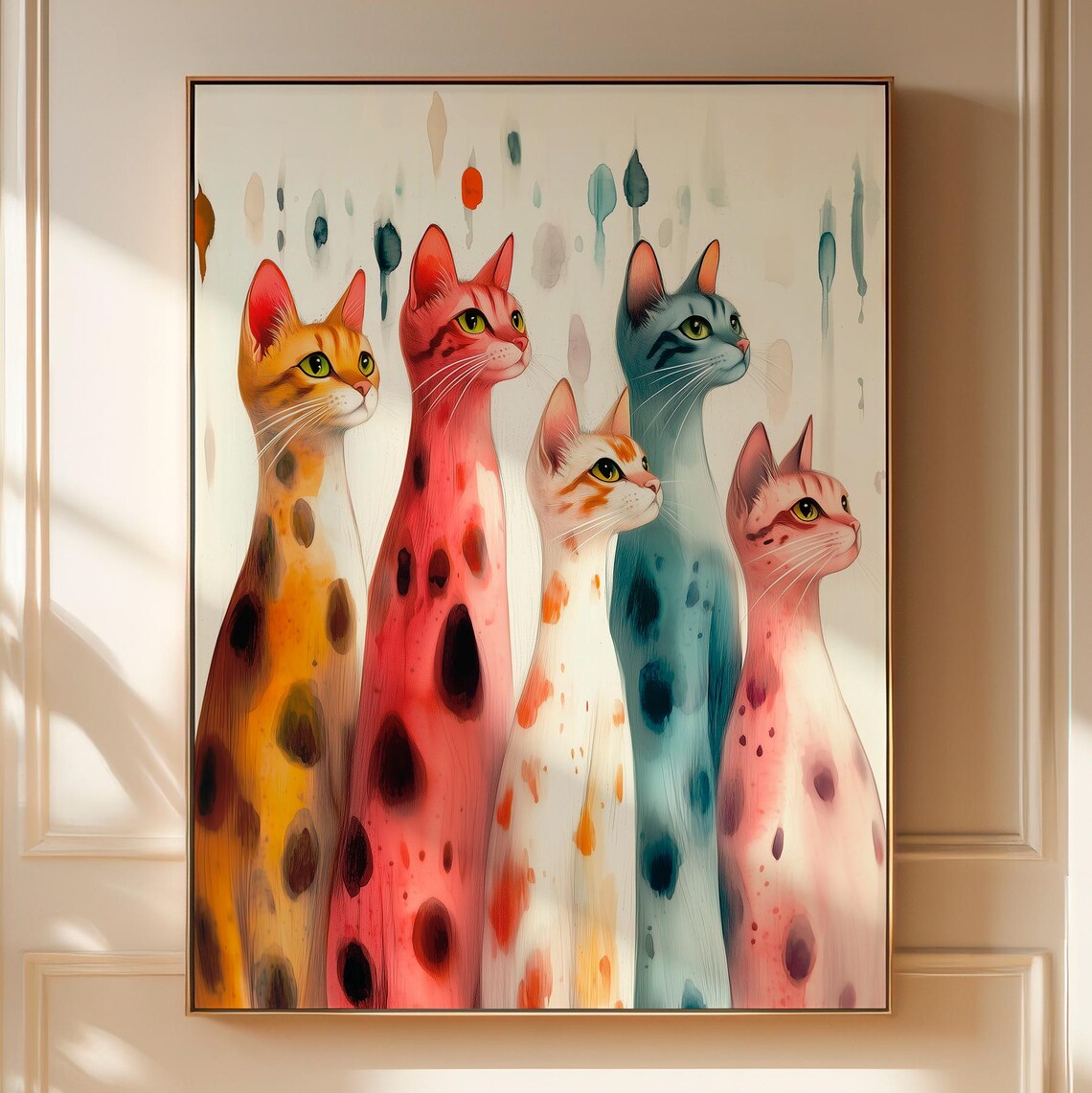 Five Tall Colorful Cats Watercolor Rainbow Kitty Painting Wall Art Print