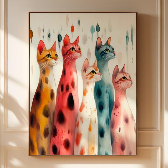 Five Tall Colorful Cats Watercolor Rainbow Kitty Painting Wall Art Print