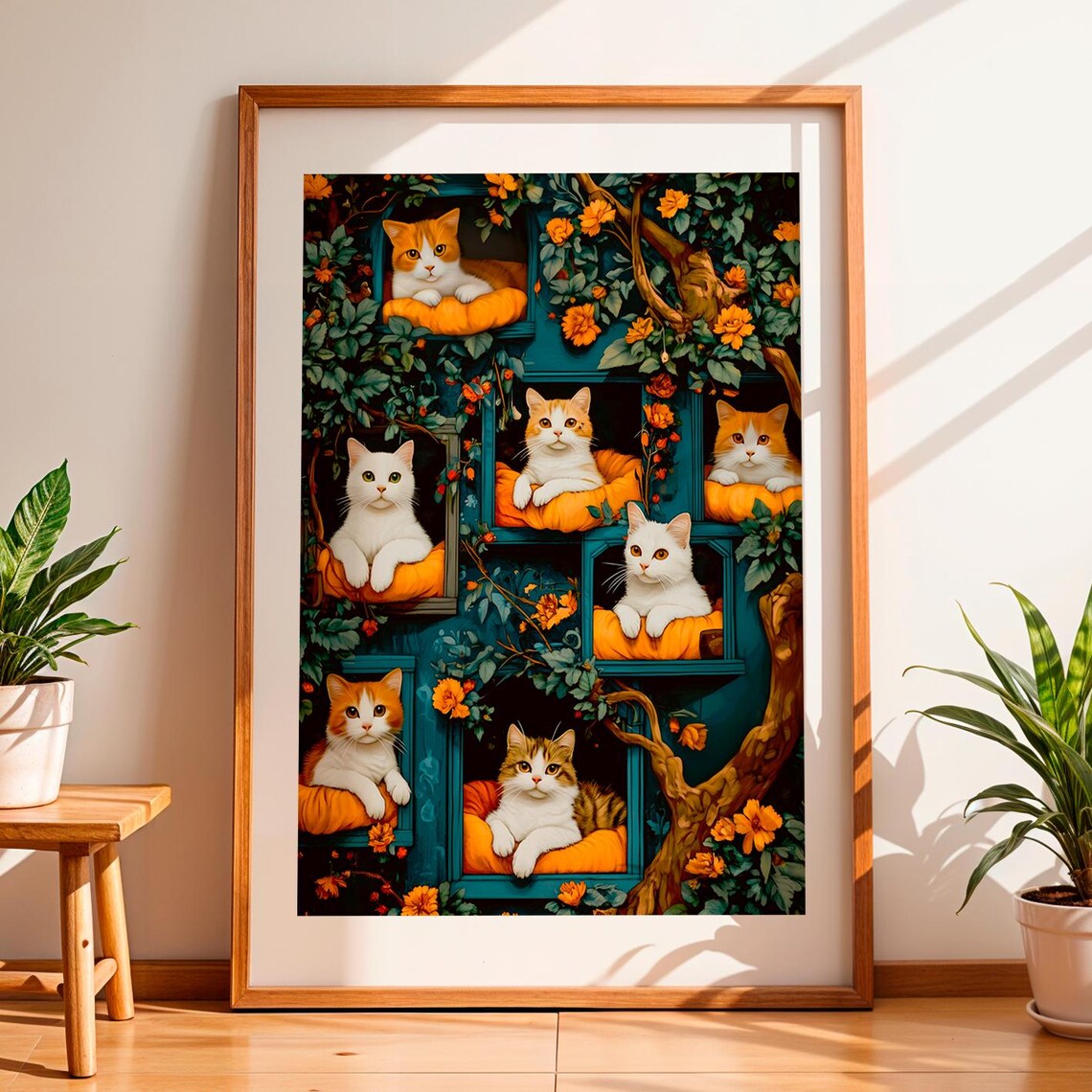 Cats Lounging In Teal Window Boxes Floral Vines Cottagecore Wall Art Print - Image 2