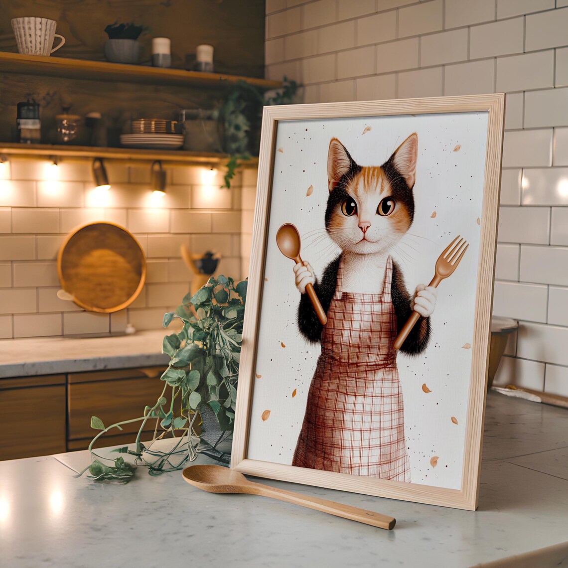 Calico Cat Chef Plaid Apron Wooden Spoon Fork Kitchen Cute Animal Poster - Image 2