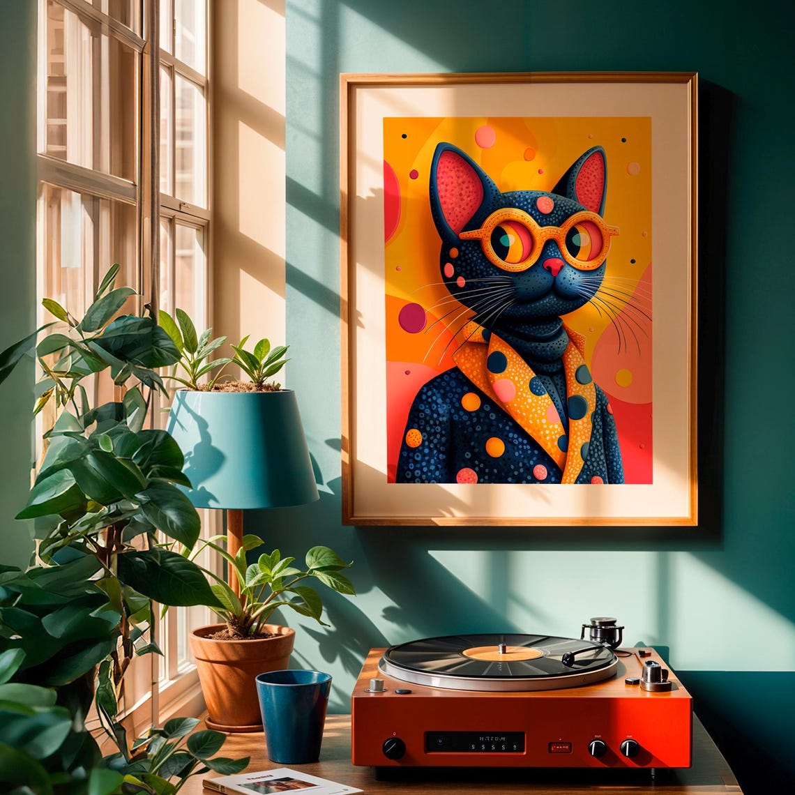 Pop Art Blue Cat Yellow Glasses Polka Dot Scarf Retro Wall Art Print - Image 3