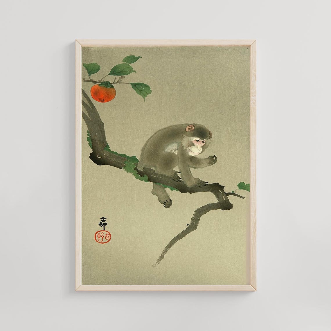 Ohara Koson Monkey on Persimmon Branch Japanese Woodblock Art Poster