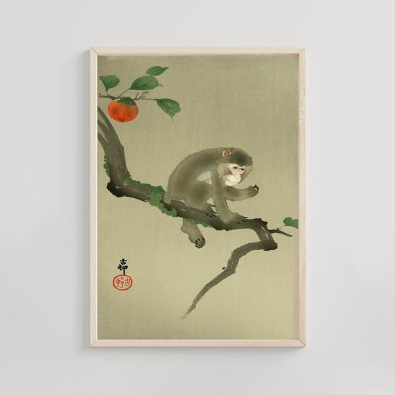 Monkey And Persimmon By Ohara Koson Early 20th C Japanese Woodblock Print Kachoe Wildlife Art Shinhanga Poster