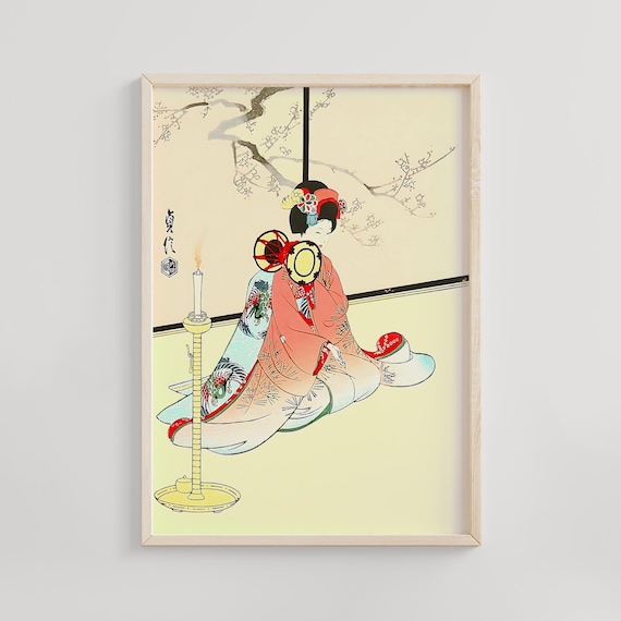 Seated Maiko with Japanese Hand Drums Sadanobu Candlelight Art Poster