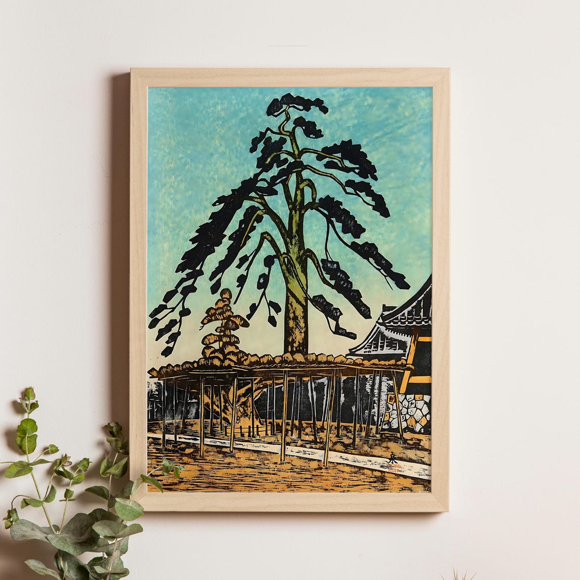 Bold Woodblock Hoshifuri Pine Tree by Temple Gate Art Poster