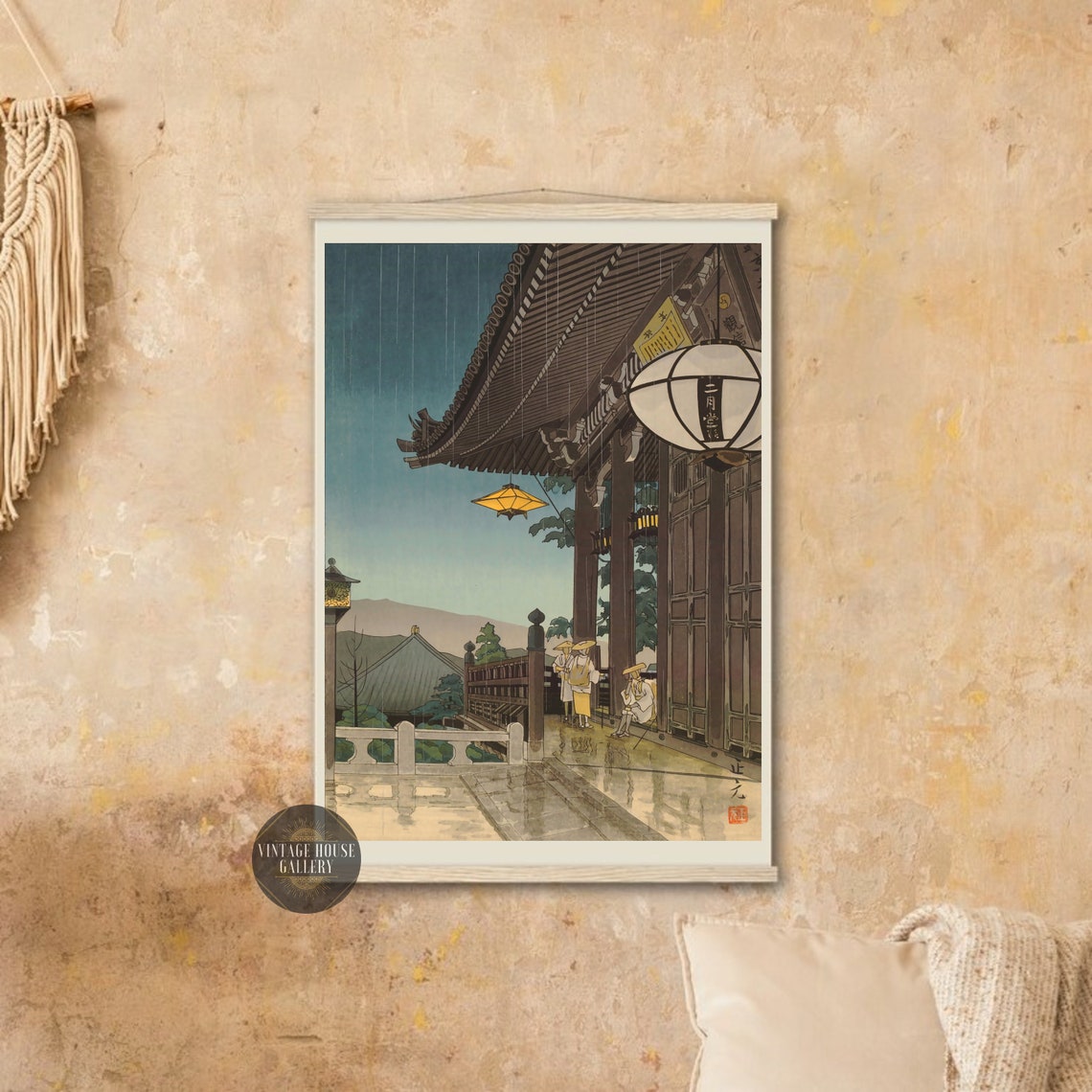Nigatsudo Temple Rain Masamoto Mori Lantern Pilgrim Woodblock Poster