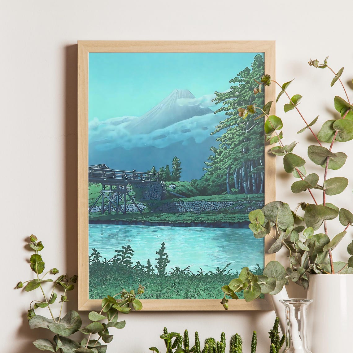 Mount Fuji Rising Above Clouds Over River and Wooden Bridge Print