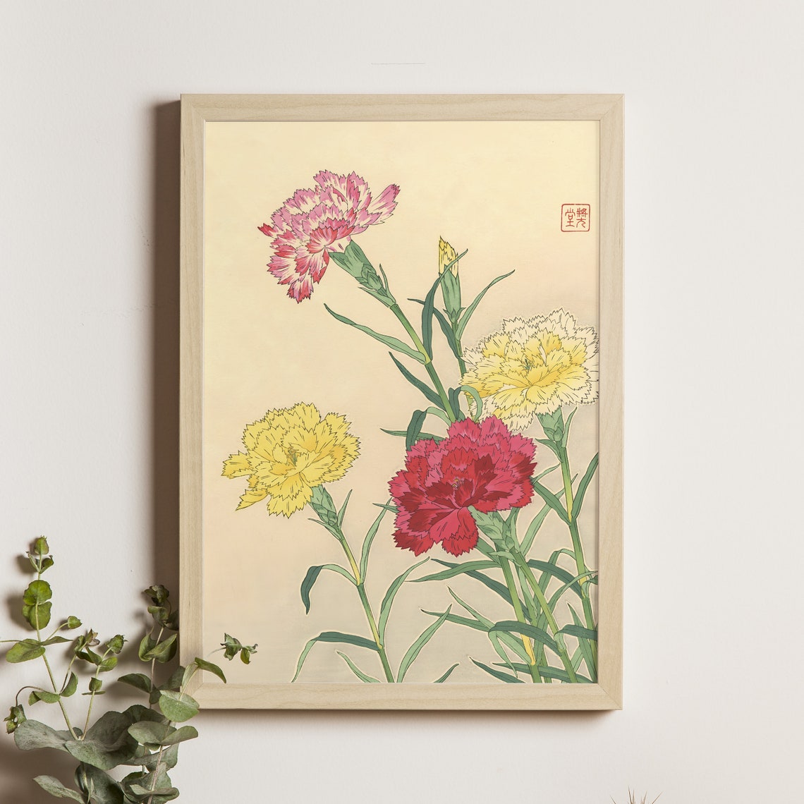 Colorful Carnation Blossoms Pink Yellow Red Woodblock Poster