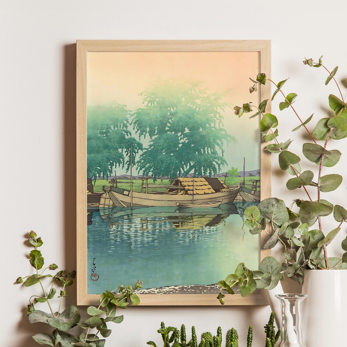 Kawase Hasui Morning at Tsuchiura 1934 Boats Woodblock Poster