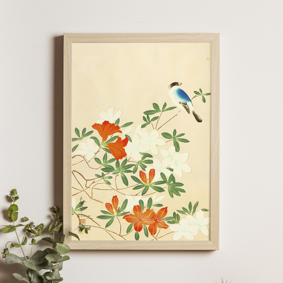 Blue Bird and Orange Azaleas Ohno Bakufu Japanese Kacho Poster
