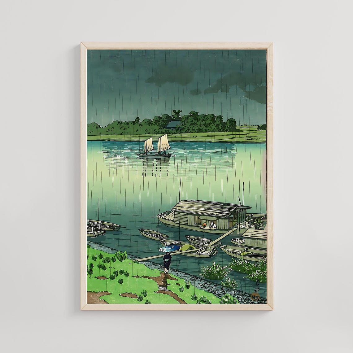 Kawase Hasui Rain on the Arakawa River Boats and Figure Scene Poster