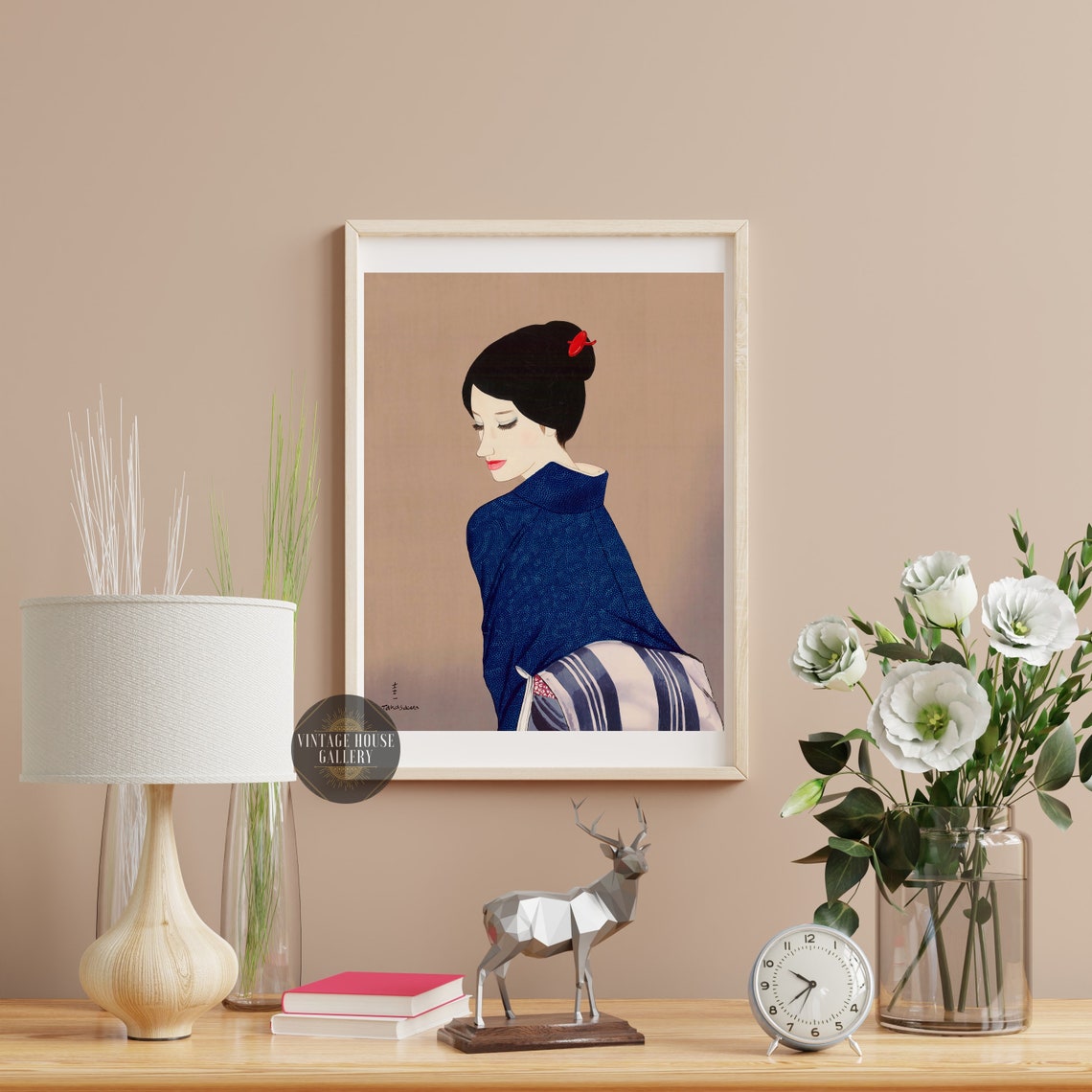 Japanese Maiko In Indigo Blue Kimono Profile Portrait Woodblock Poster