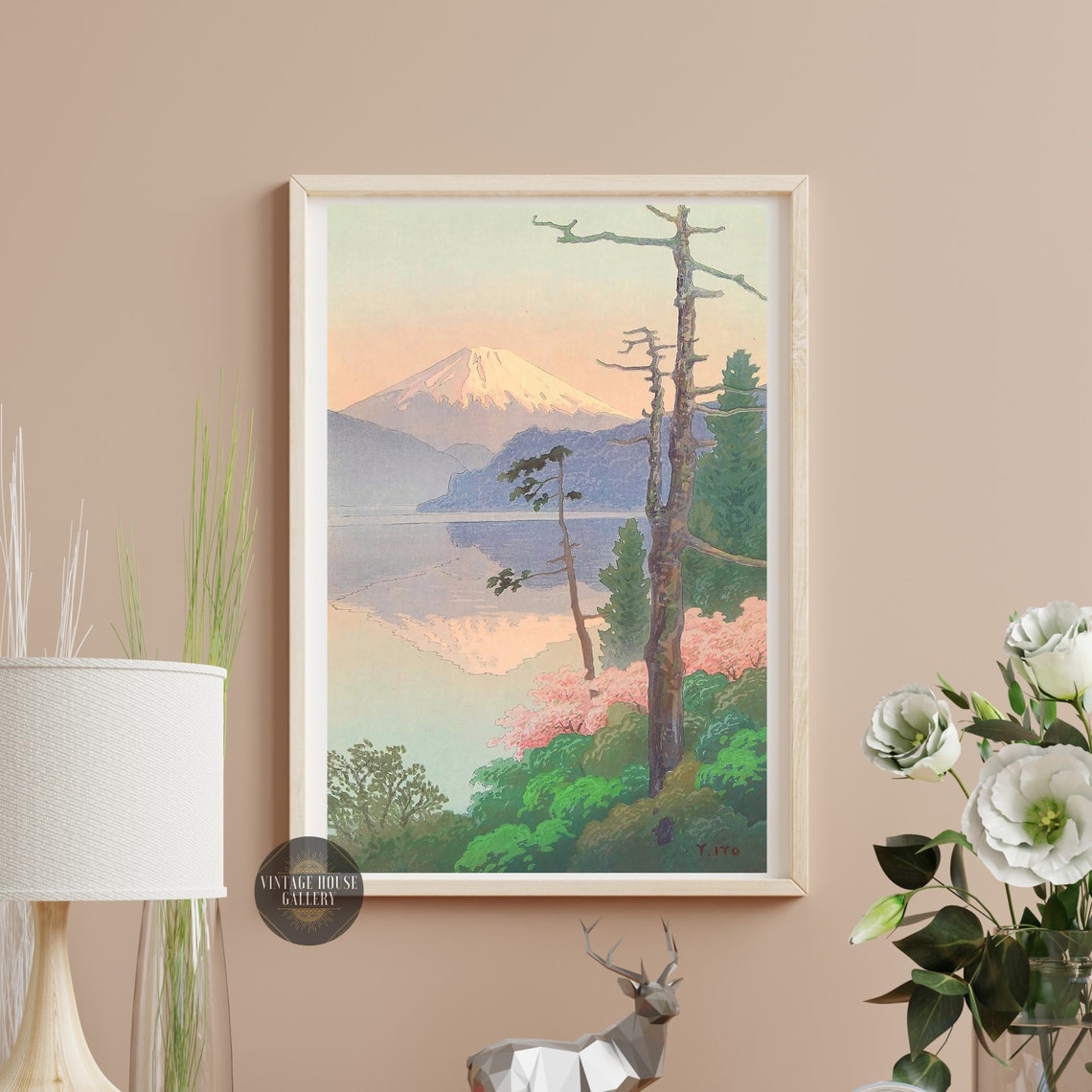 Mount Fuji Over Calm Lake With Pine Trees Japanese Woodblock Poster