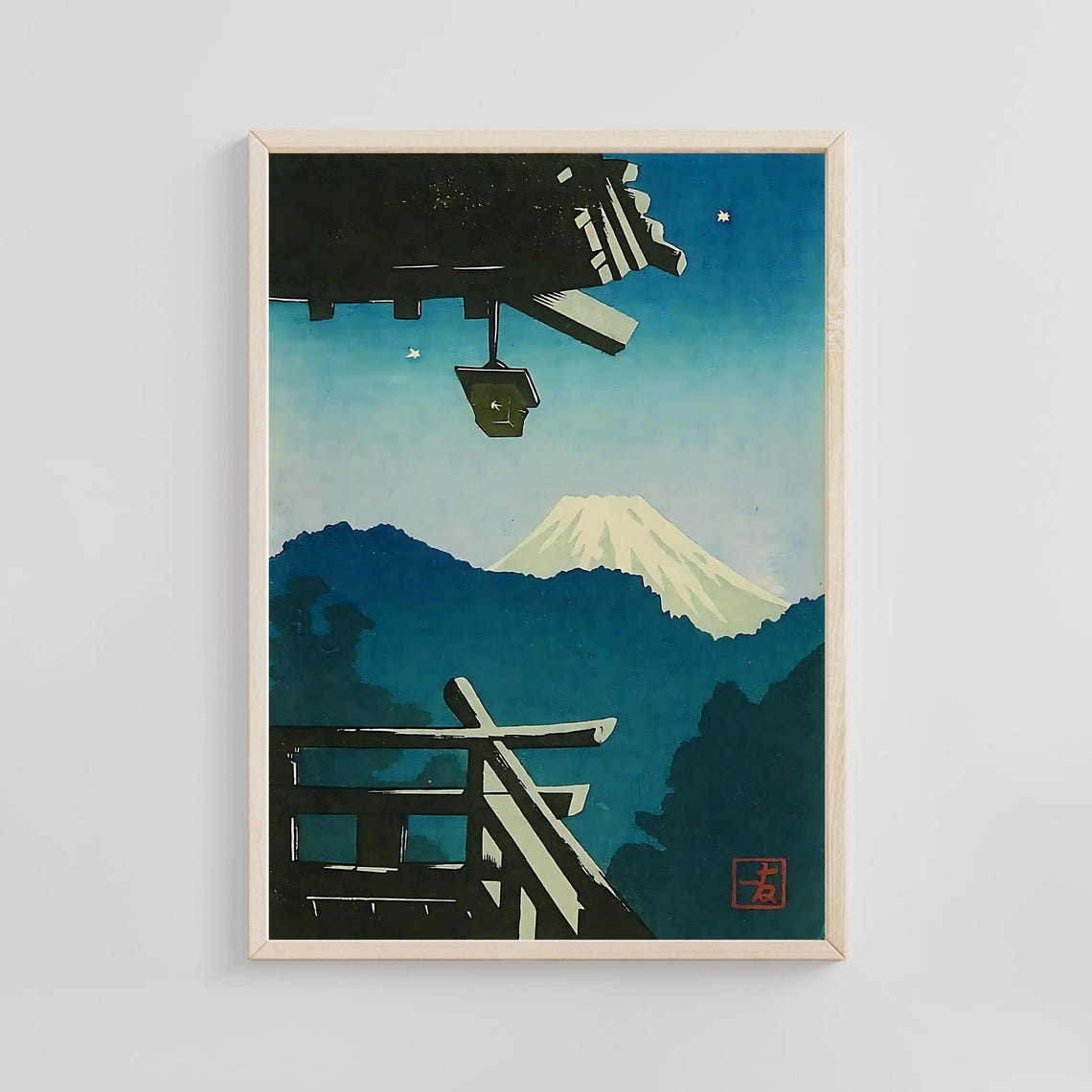 Mount Fuji Seen Under Temple Eave Hanging Lantern Woodblock Poster
