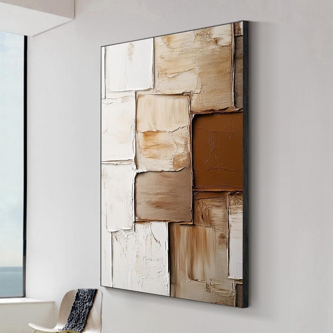 Patchwork Blocks Abstract Cream Tan Brown Textured Canvas Style Poster - Image 3