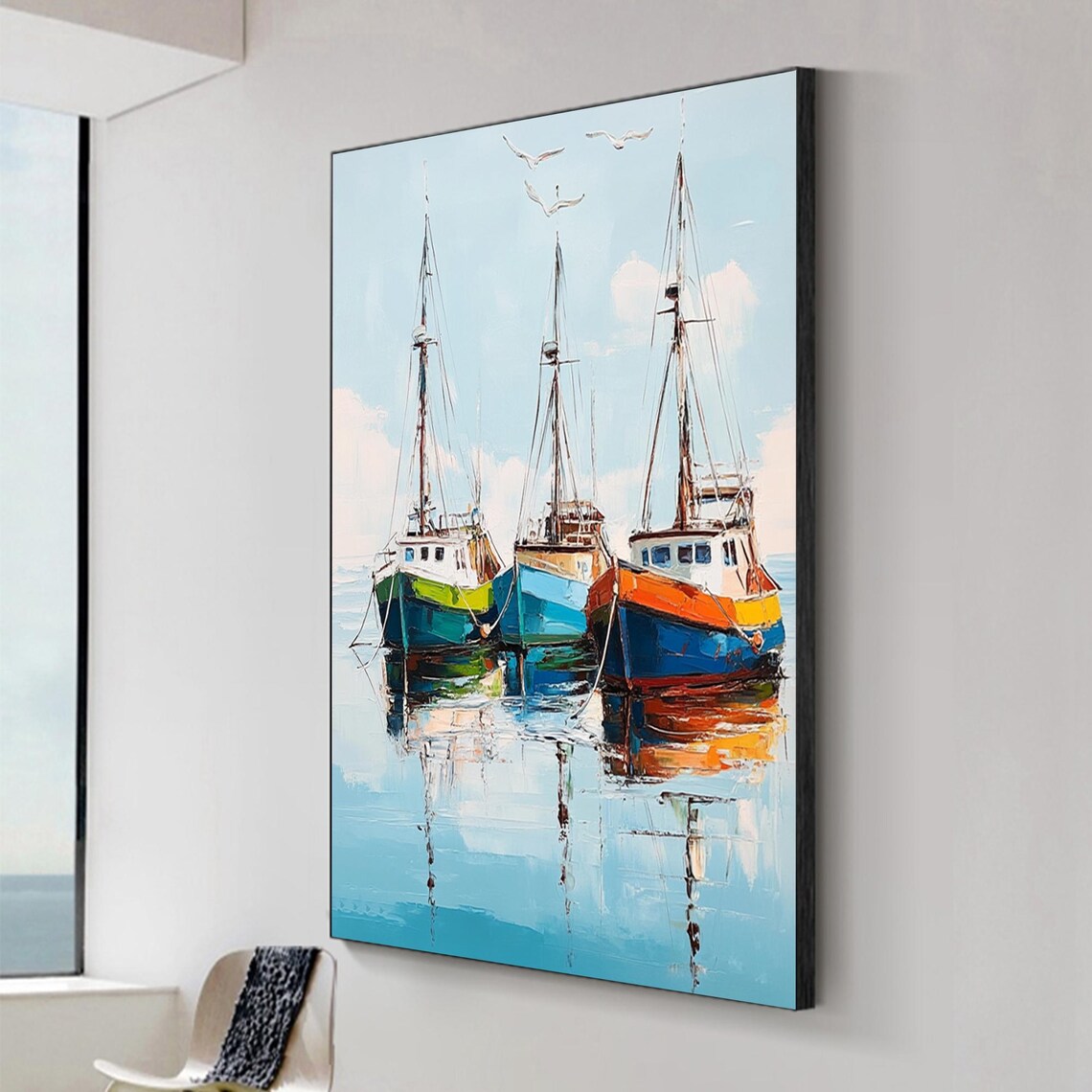Colorful Fishing Boats Harbor Reflections Blue Water Nautical Poster - Image 2