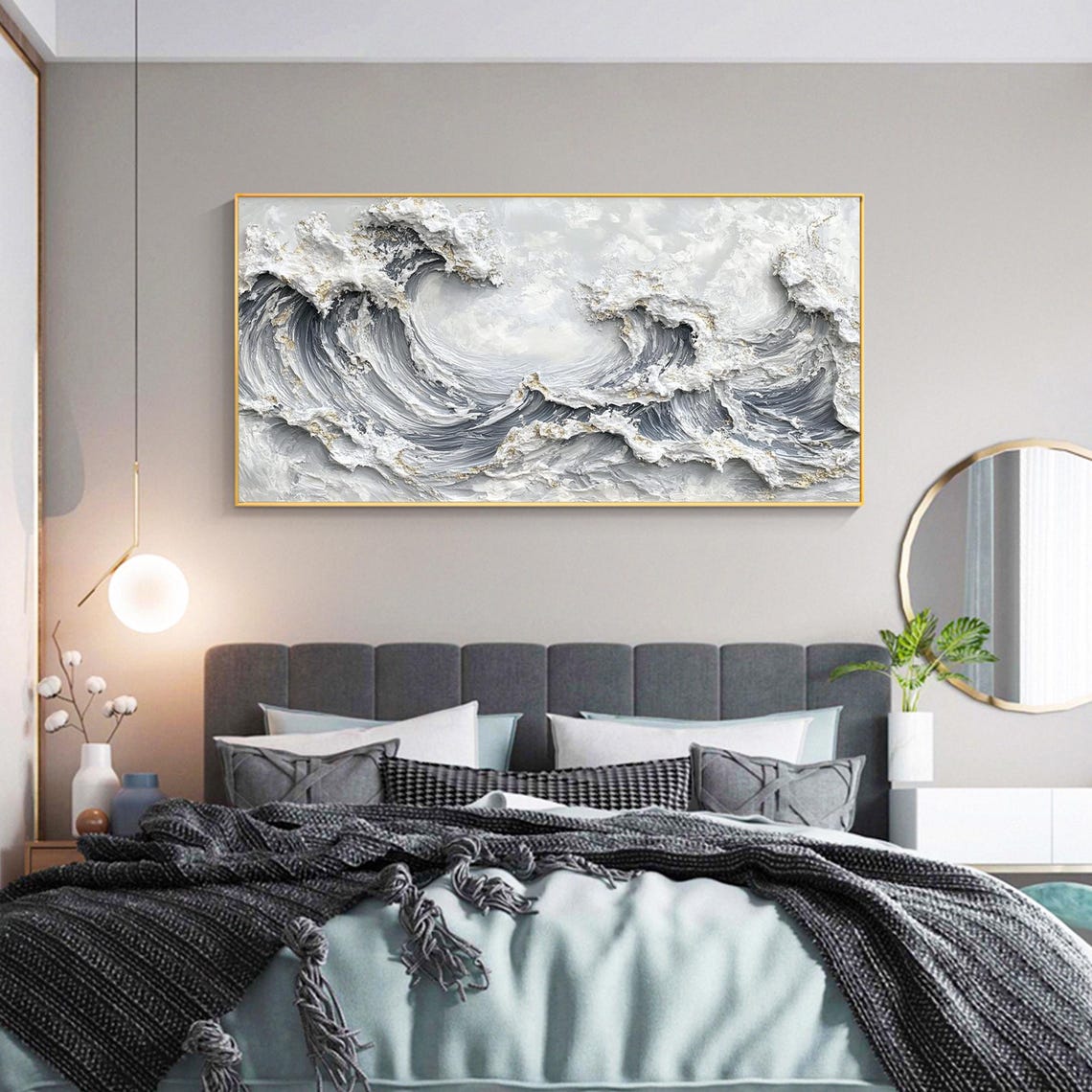 Gray Ocean Waves Gold Accents Textured Impasto Coastal Panorama Poster - Image 3