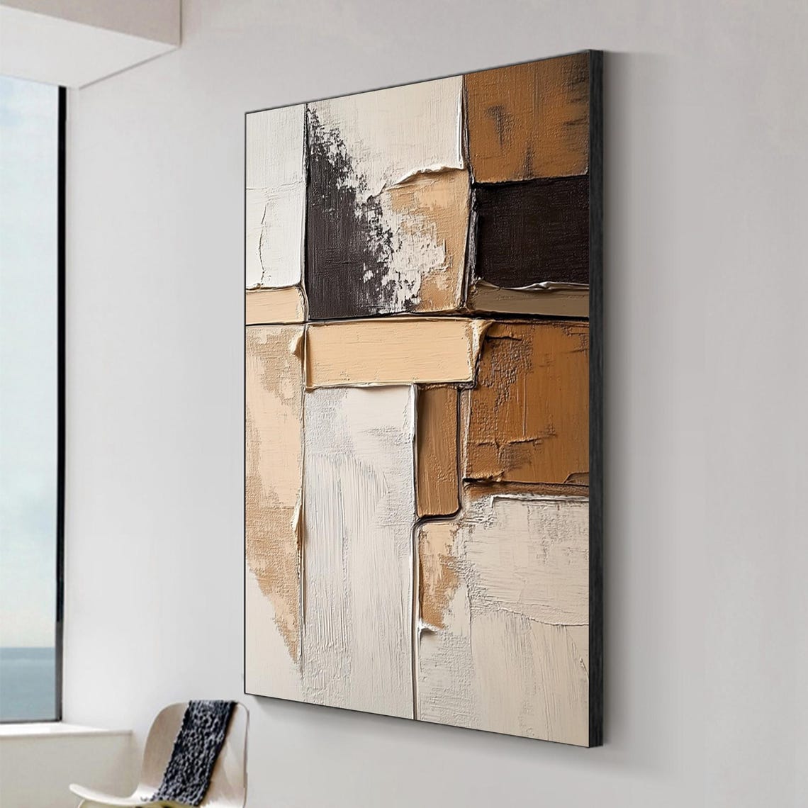 Geometric Block Abstract Brown Cream Black Textured Modern Poster - Image 2