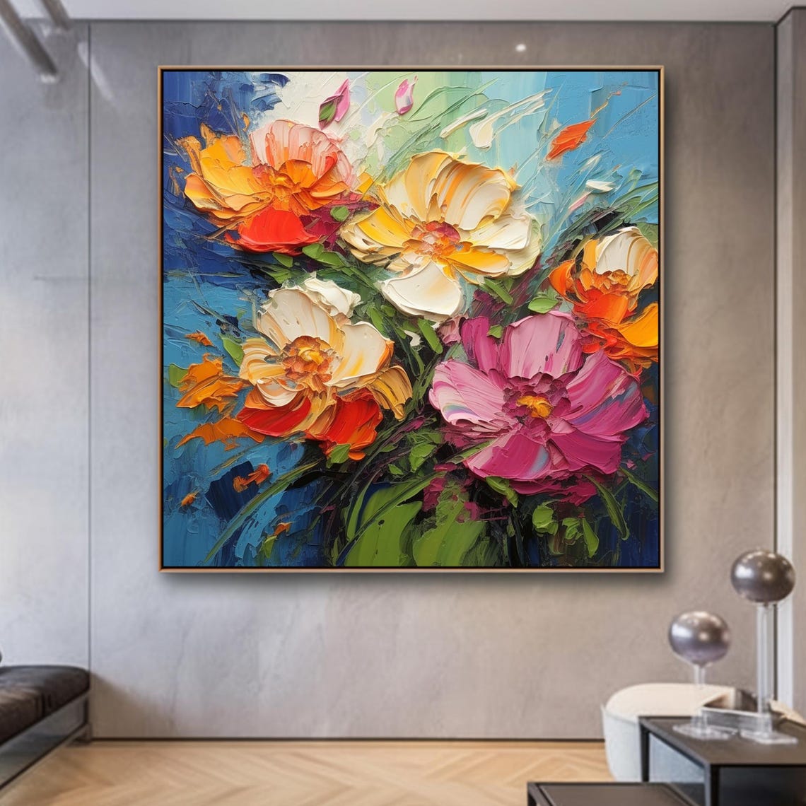Large Abstract Colorful Flower Oil Painting Flower Custom Painting Floral Acrylic Painting Floral Textured Wall Art Living Room Wall Art - Image 3
