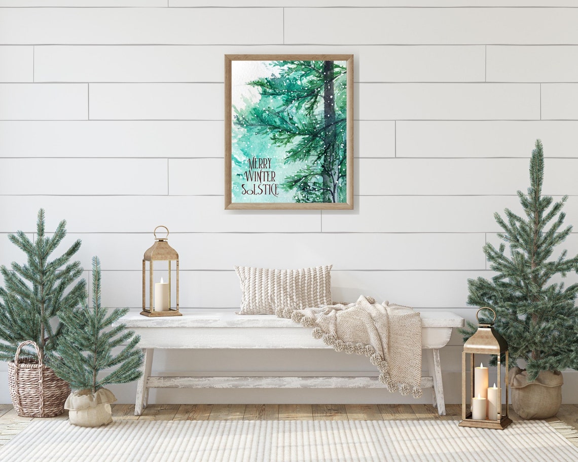 Merry Winter Solstice Snowy Pine Branch Watercolor Framed Art Print - Image 2
