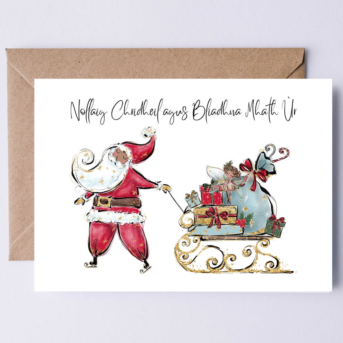 Nollaig Chridheil Scottish Gaelic Santa Sleigh Christmas Card