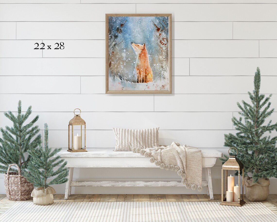 Fox In Snow Watercolor Winter Forest Wildlife Framed Art Print Gift - Image 2