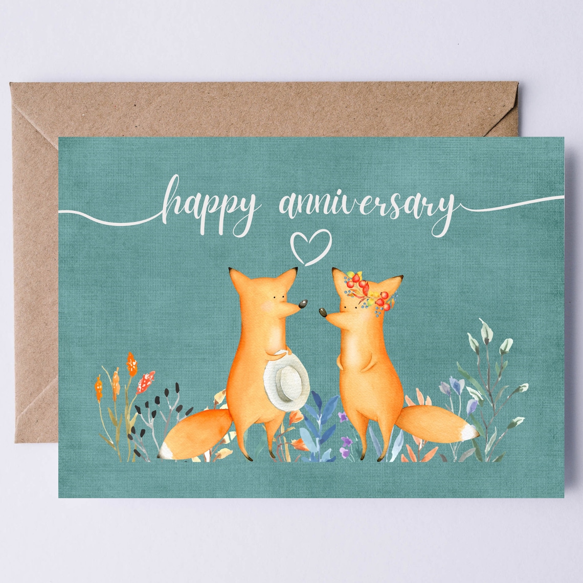 Cute Fox Couple Wildflowers Watercolor Art Print