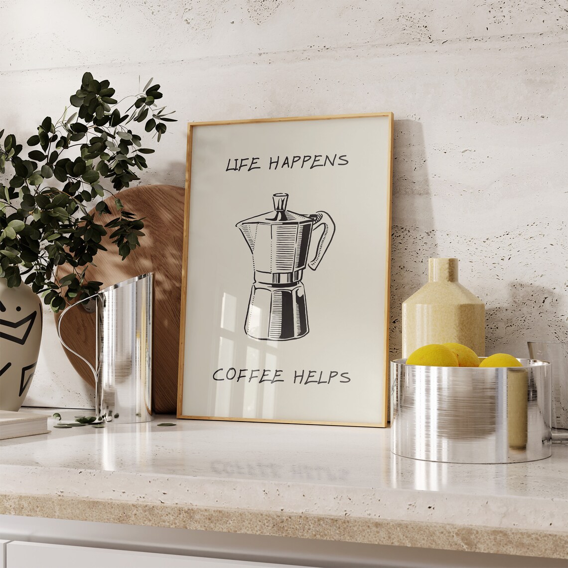 Life Happens Coffee Helps Moka Pot Funny Kitchen Quote Poster - Image 3