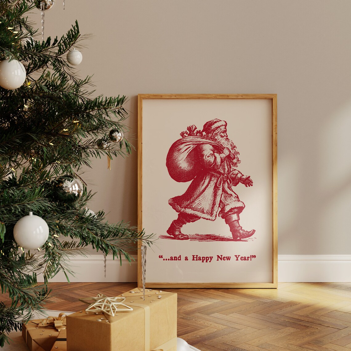 Vintage Santa Claus With Toy Bag And Happy New Year Quote Print - Image 2